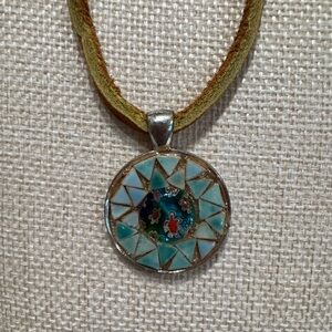 Elegant Mosaic Pendant and Leather 22” Necklace